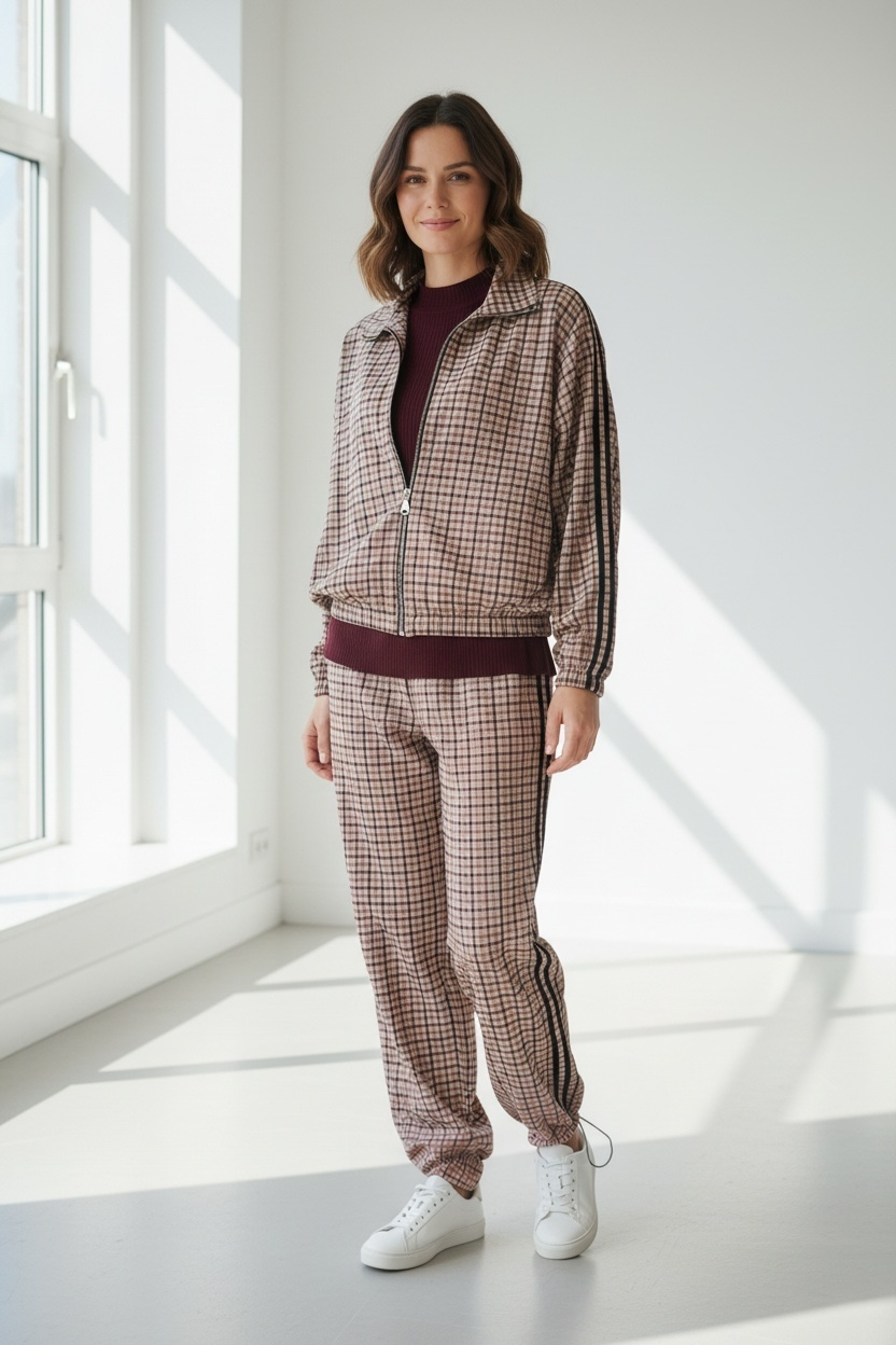 Chastar Set Vivienne met ruitpatroon en donkere zijstrepen, gedragen door een model met witte sneakers