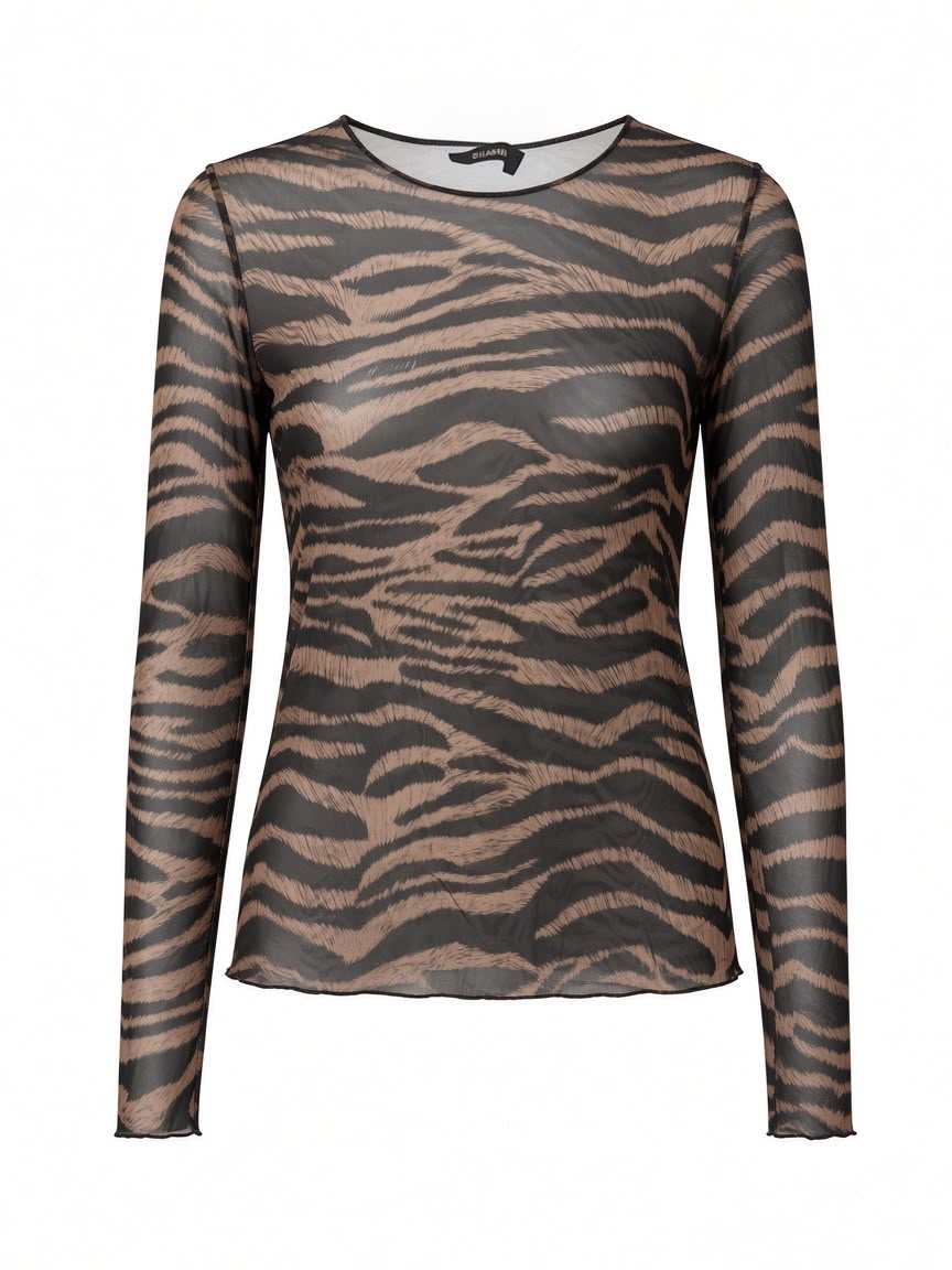 Chastar Top Feline in Bruin, vooraanzicht met gestreepte dierenprint, ronde hals en lange mouwen.