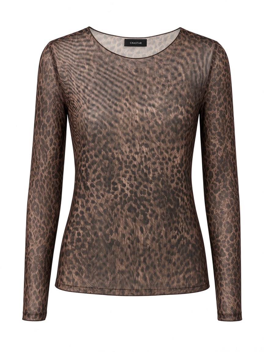 Chastar Top Linde in Bruin, vooraanzicht met luipaardprint, ronde hals en lange mouwen.