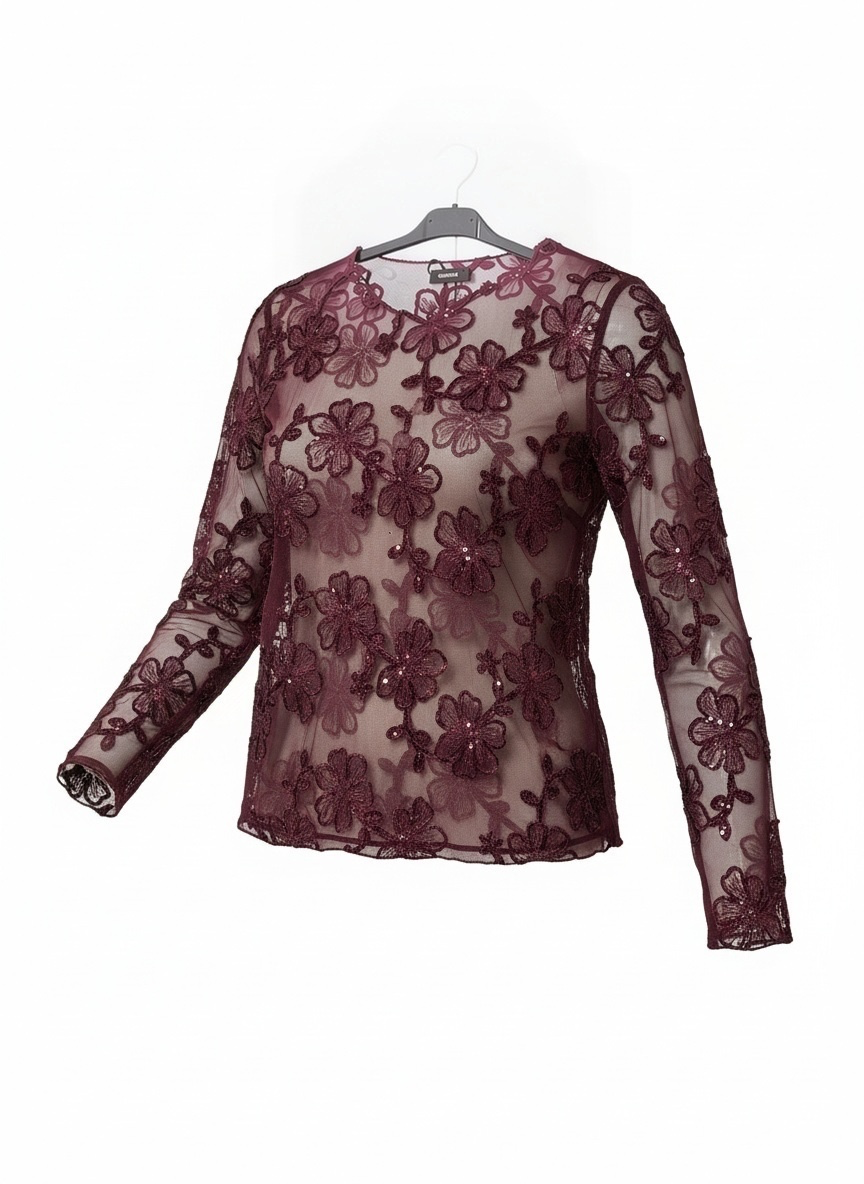 Chastar Top Mesh in bordeaux met bloemenborduursel en pailletten, vooraanzicht