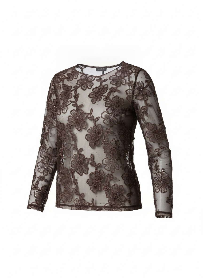Chastar Top Mesh in bruin met bloemenborduursel en pailletten, vooraanzicht