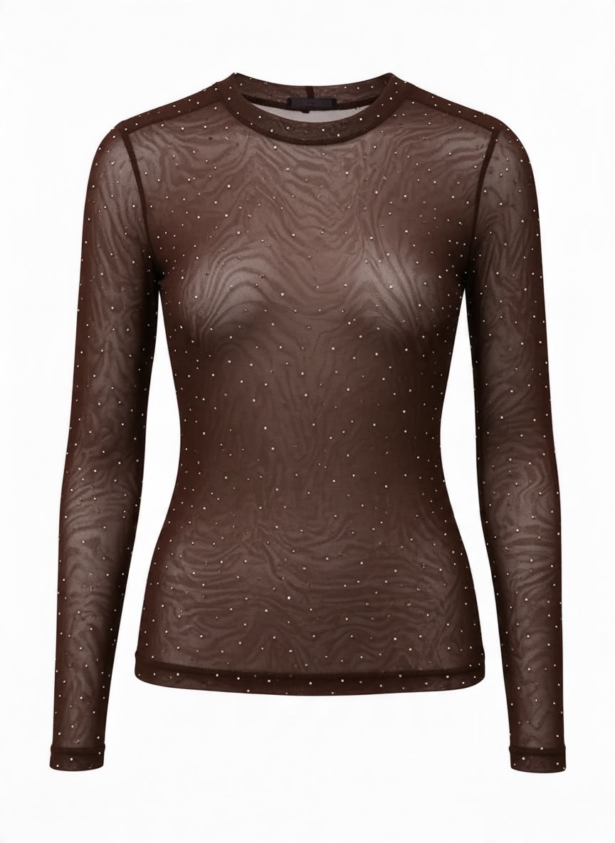 Bruine Chastar mesh top, vooraanzicht met ronde hals, lange mouwen en verspreide glinsterende accenten.