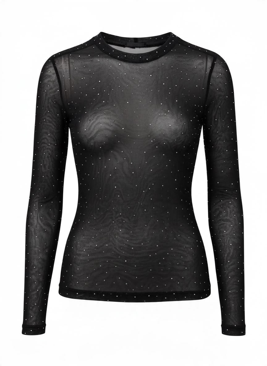 Zwarte Chastar mesh top, vooraanzicht met transparante structuur en glinsterende details op voorpand en mouwen.