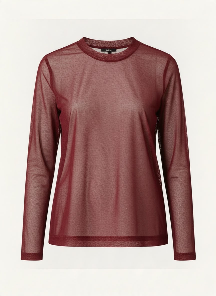 Chastar mesh top in Bordeaux met ronde hals, lange mouwen en afgewerkte randen, vooraanzicht