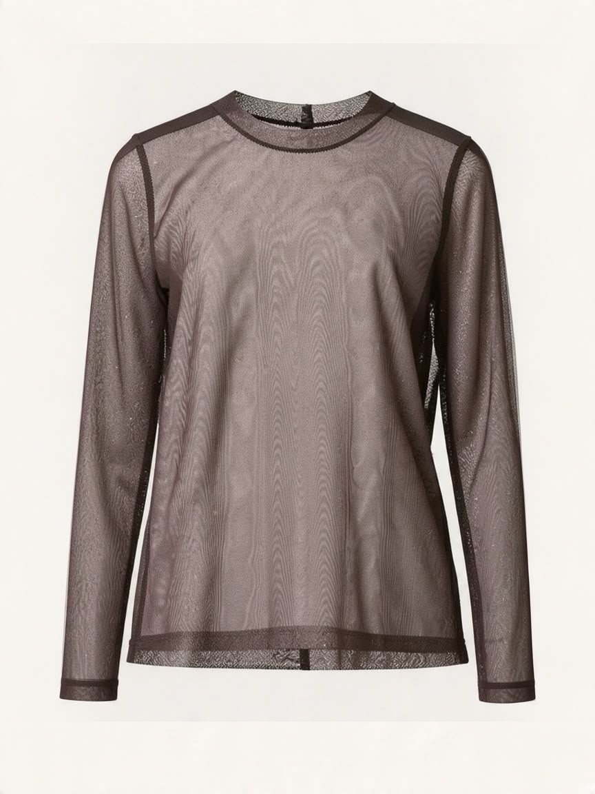 Chastar mesh top in Bruin met transparante structuur, ronde hals en lange mouwen, vooraanzicht