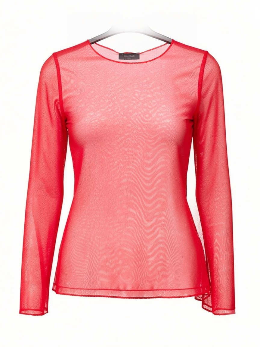 Chastar mesh top in Rood met lange mouwen en ronde hals, vooraanzicht