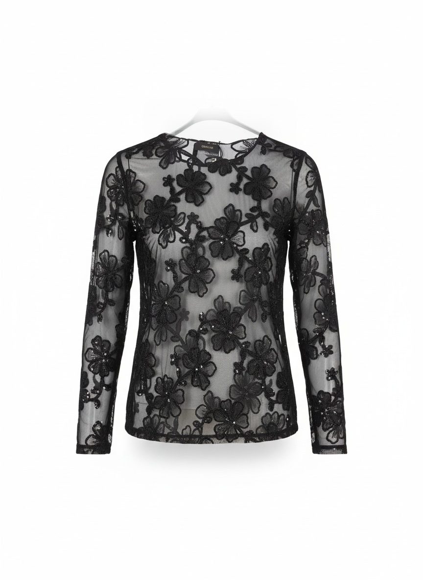 Chastar Top Mesh in zwart met bloemenborduursel en pailletten, vooraanzicht