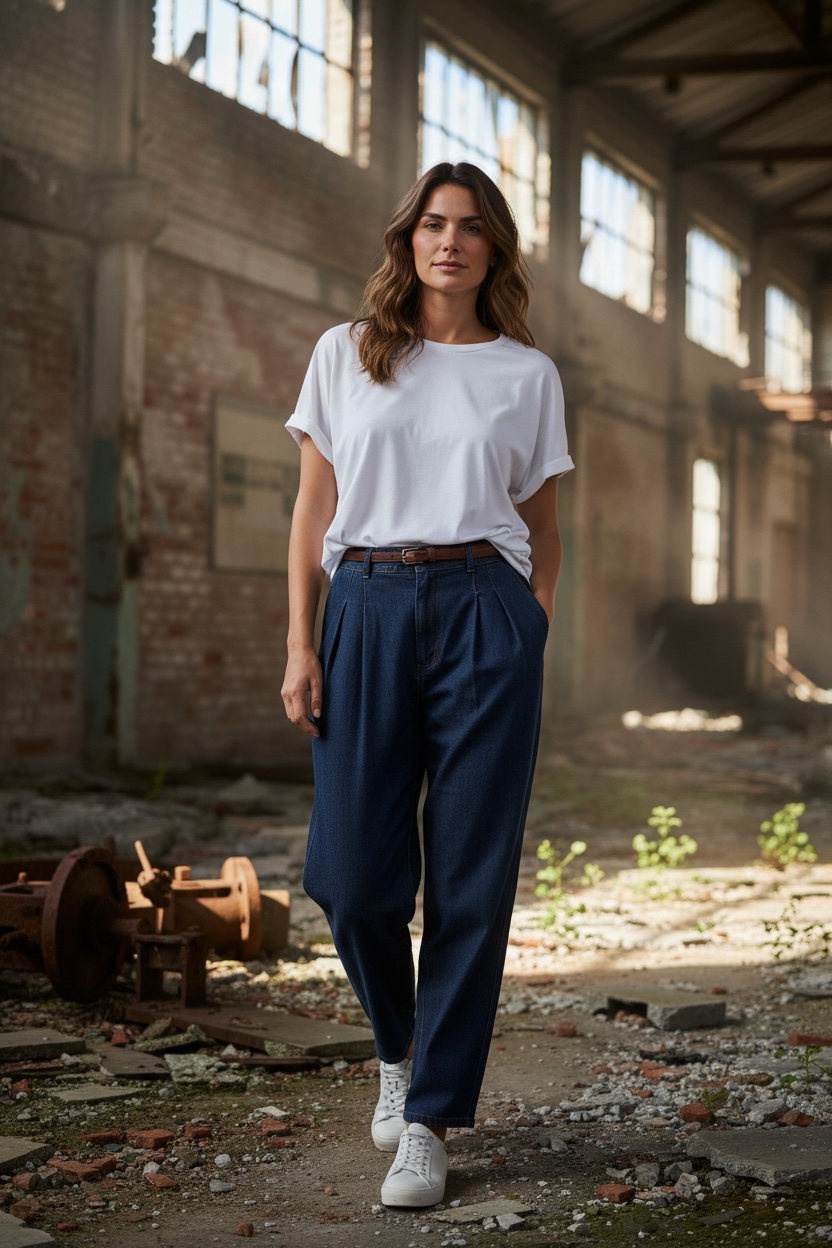 Chastar Tricot Shirt in Offwhite met ronde hals en omgeslagen mouwranden, vooraanzicht op een model