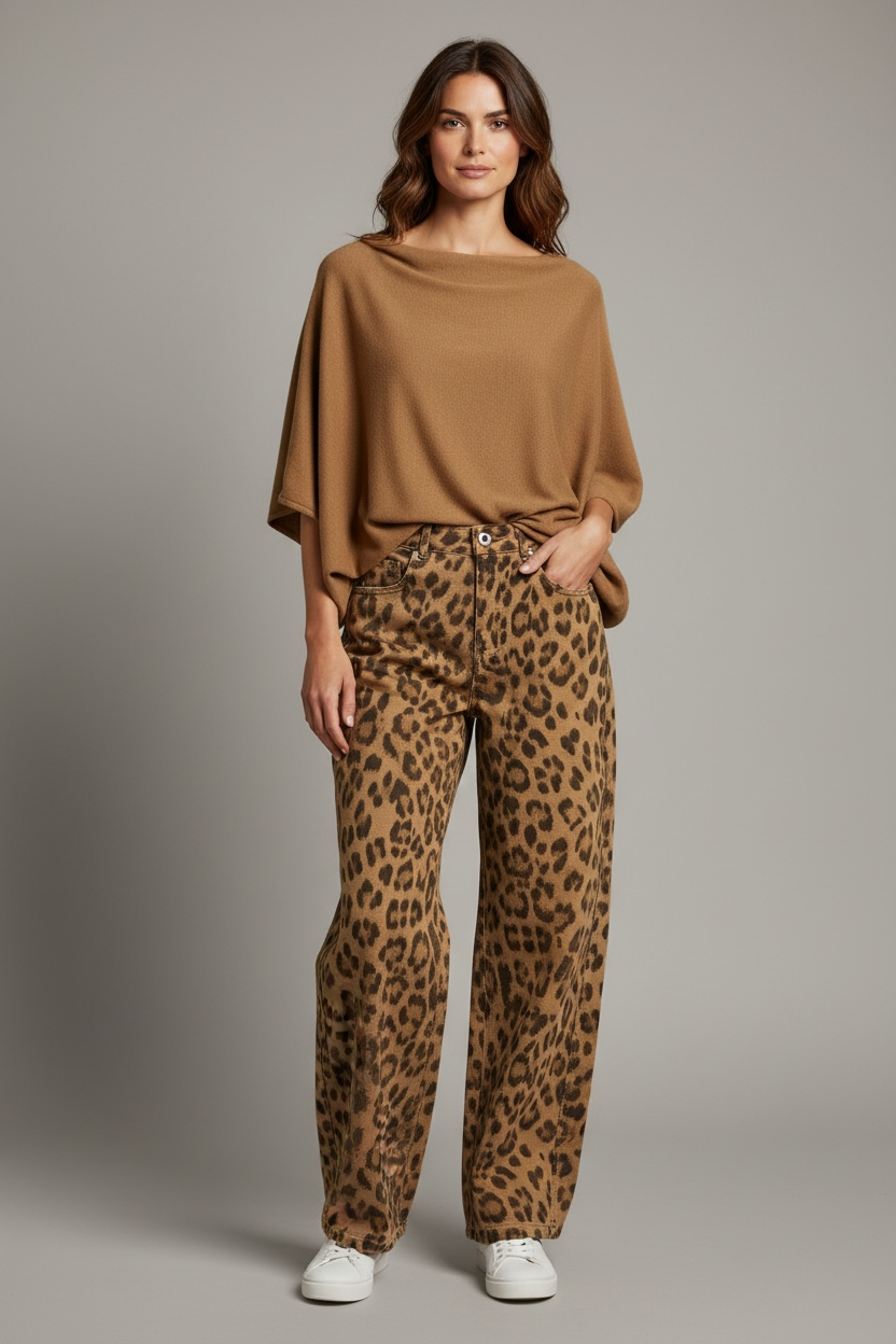 Chastar Wijdevallende Trui in camel met wijde halslijn en ruime mouwen, gedragen op een model
