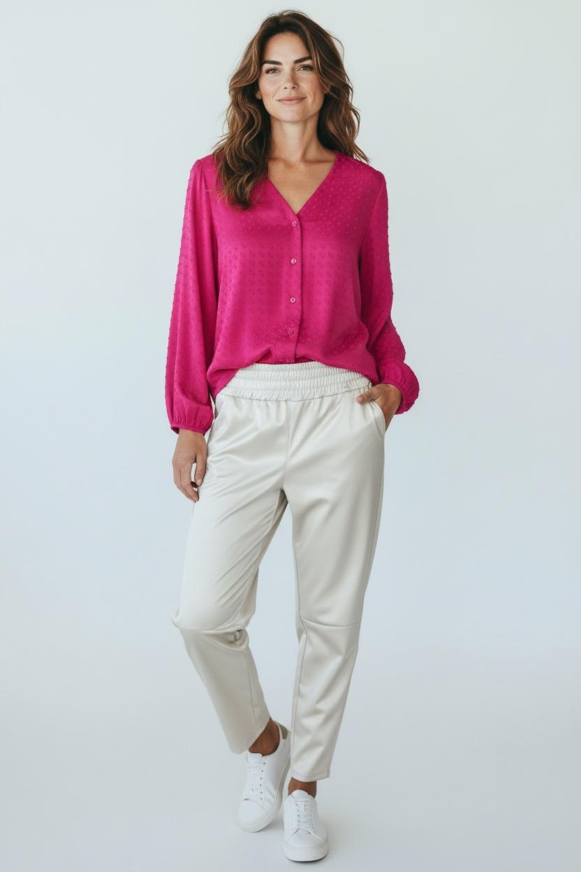 Chastar Uni Blouse in Fuxia met V-hals en knoopsluiting, vooraanzicht op een model