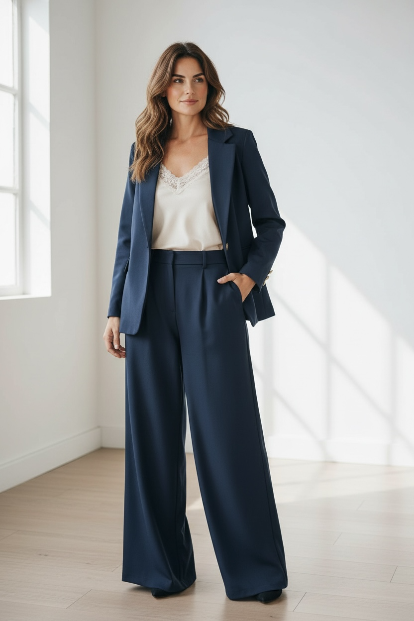 Donkerblauwe wijde pantalon met bandplooien en riemlussen, vooraanzicht op een model.