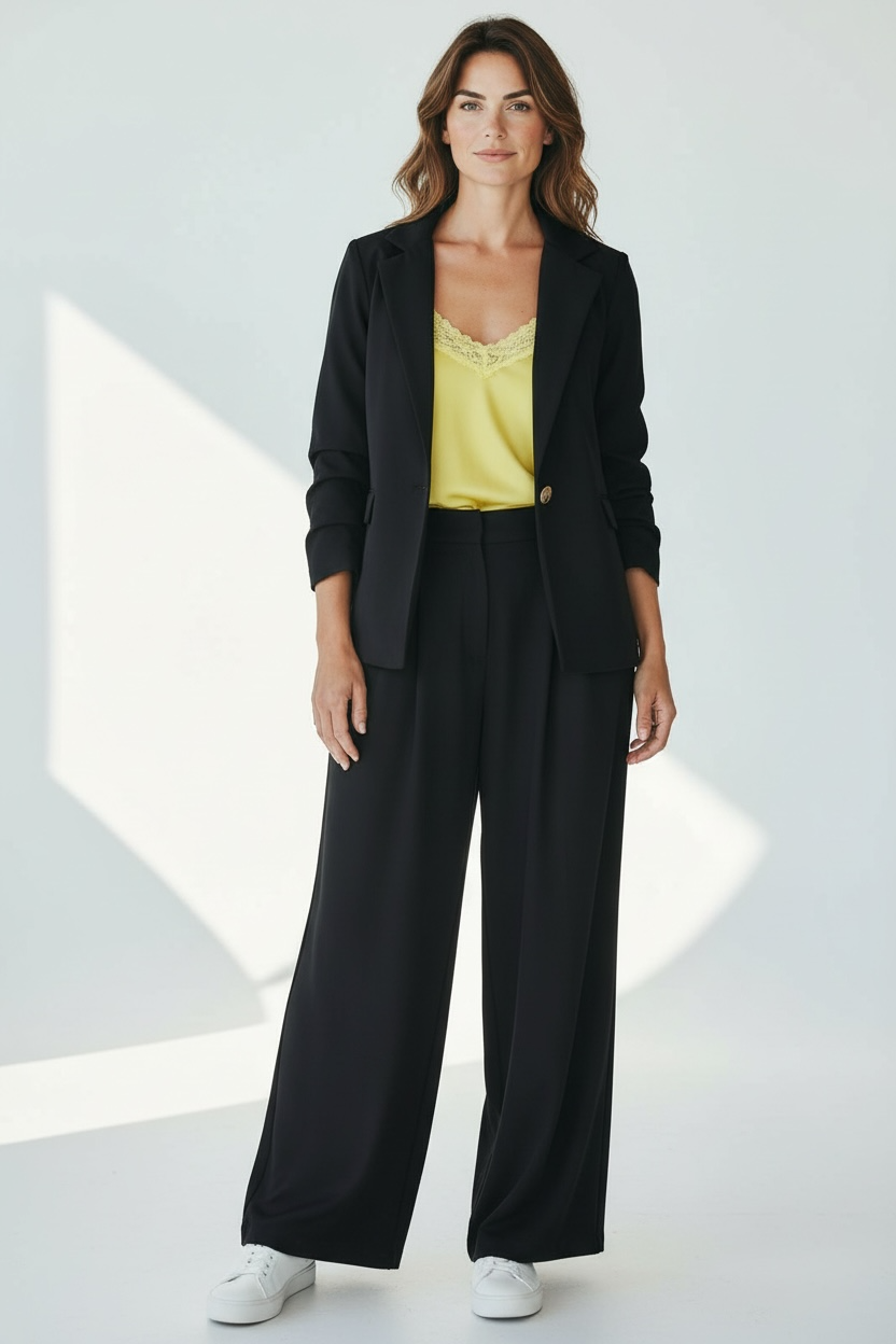 Zwarte wijde pantalon met plooien aan de taille en brede broekspijpen, gedragen door een model.