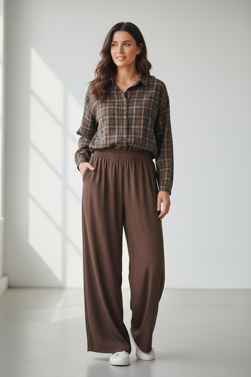 Chastar wijde pantalon in Bruin met lange, wijde pijpen, op een model gecombineerd met witte sneakers