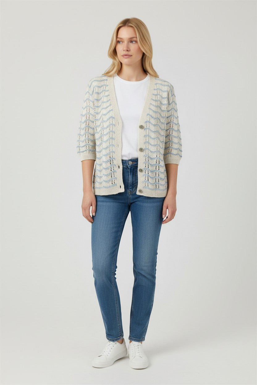 Trendy Leslie Chastar Wave Vest: beige knit cardigan with blue wave pattern, V-neck, button-up front, and short sleeves.
