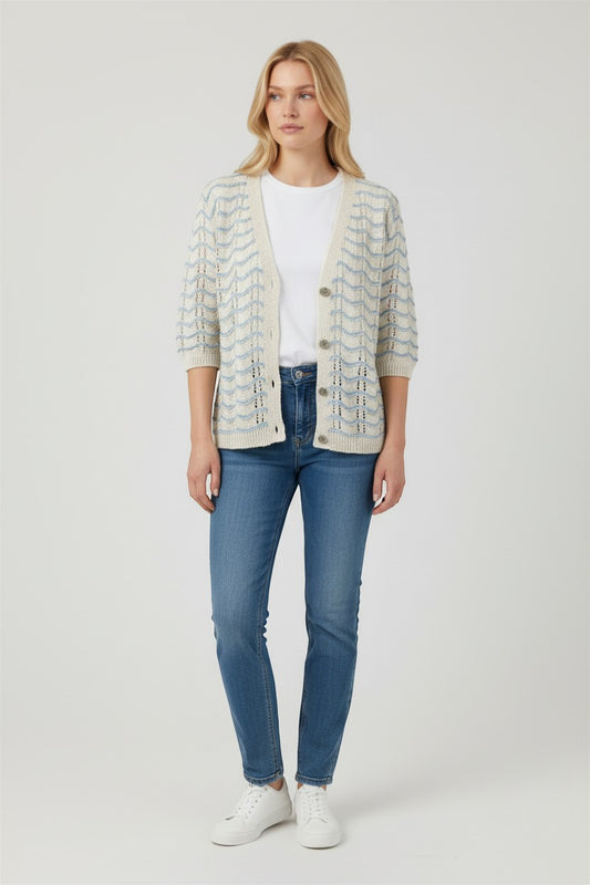 Trendy Leslie Chastar Wave Vest: beige knit cardigan with blue wave pattern, V-neck, button-up front, and short sleeves.