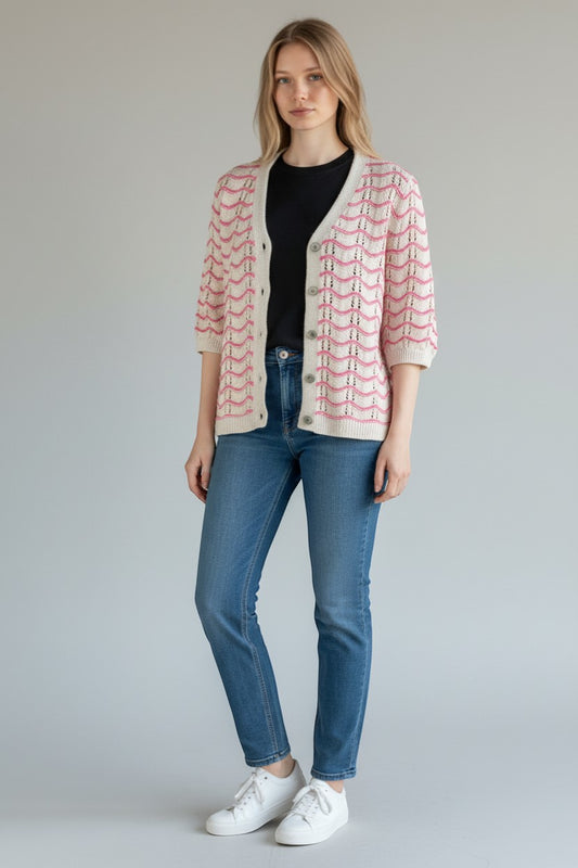 Trendy Leslie Chastar Wave Vest: beige knit with pink wave pattern, V-neck, button-up, short sleeves.