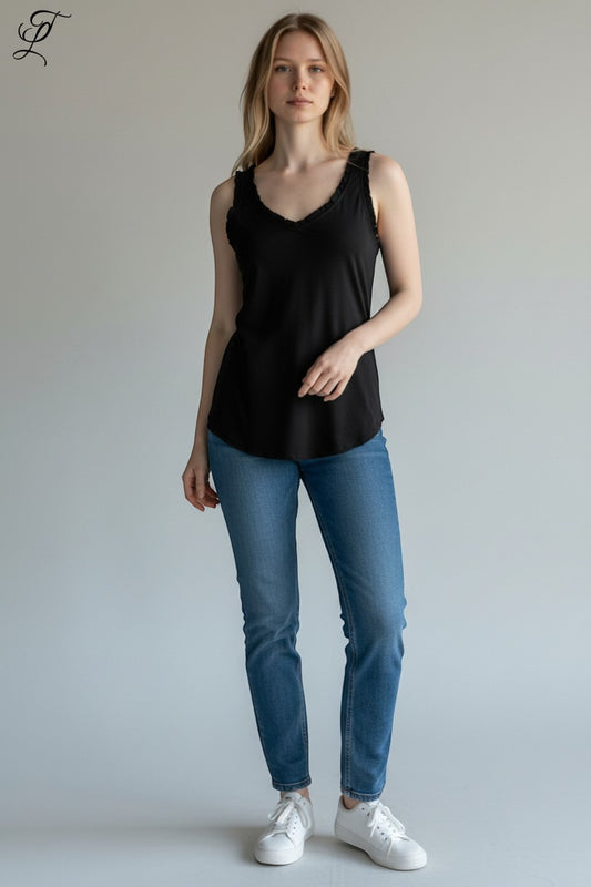 Trendy Leslie black silk-viscose V-neck tank top with ruffled trim and a flowy hem.