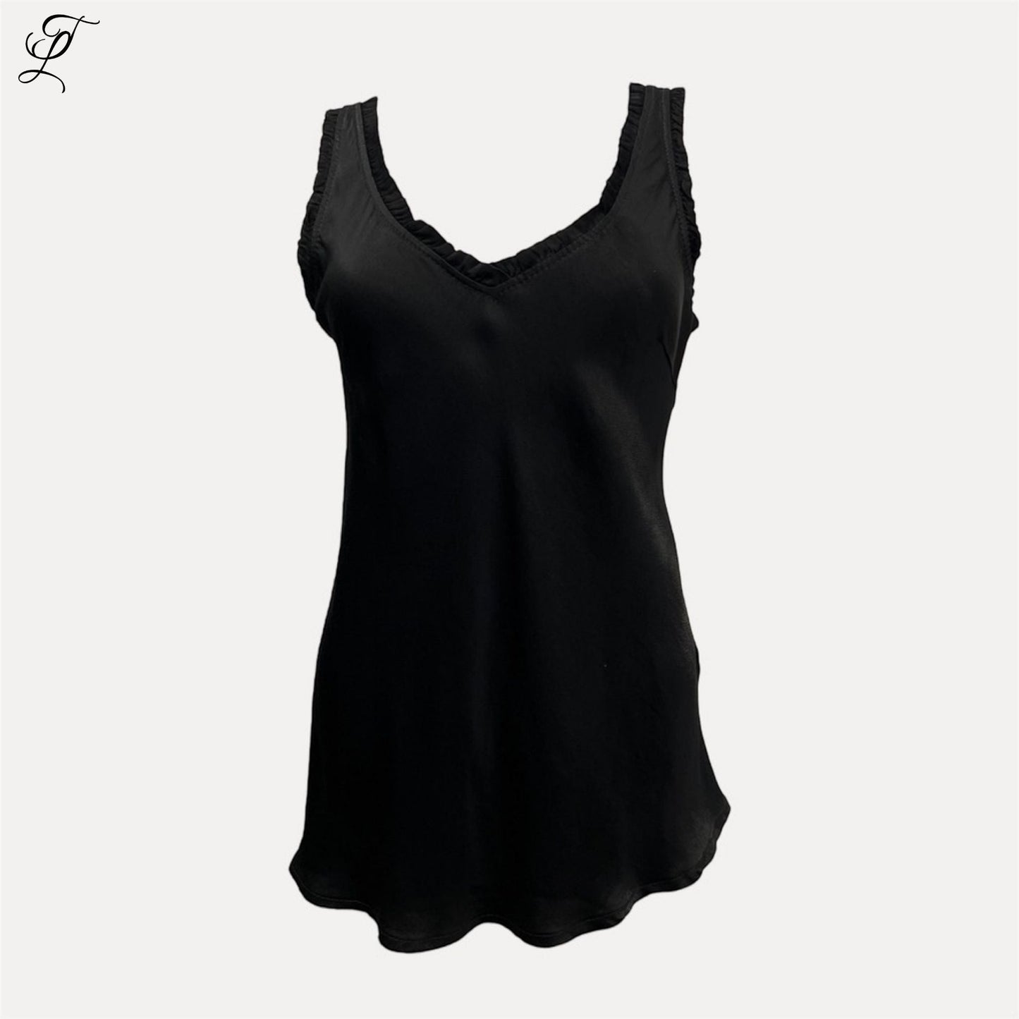 Trendy Leslie black silk-viscose V-neck ruched tank top with ruffled straps.