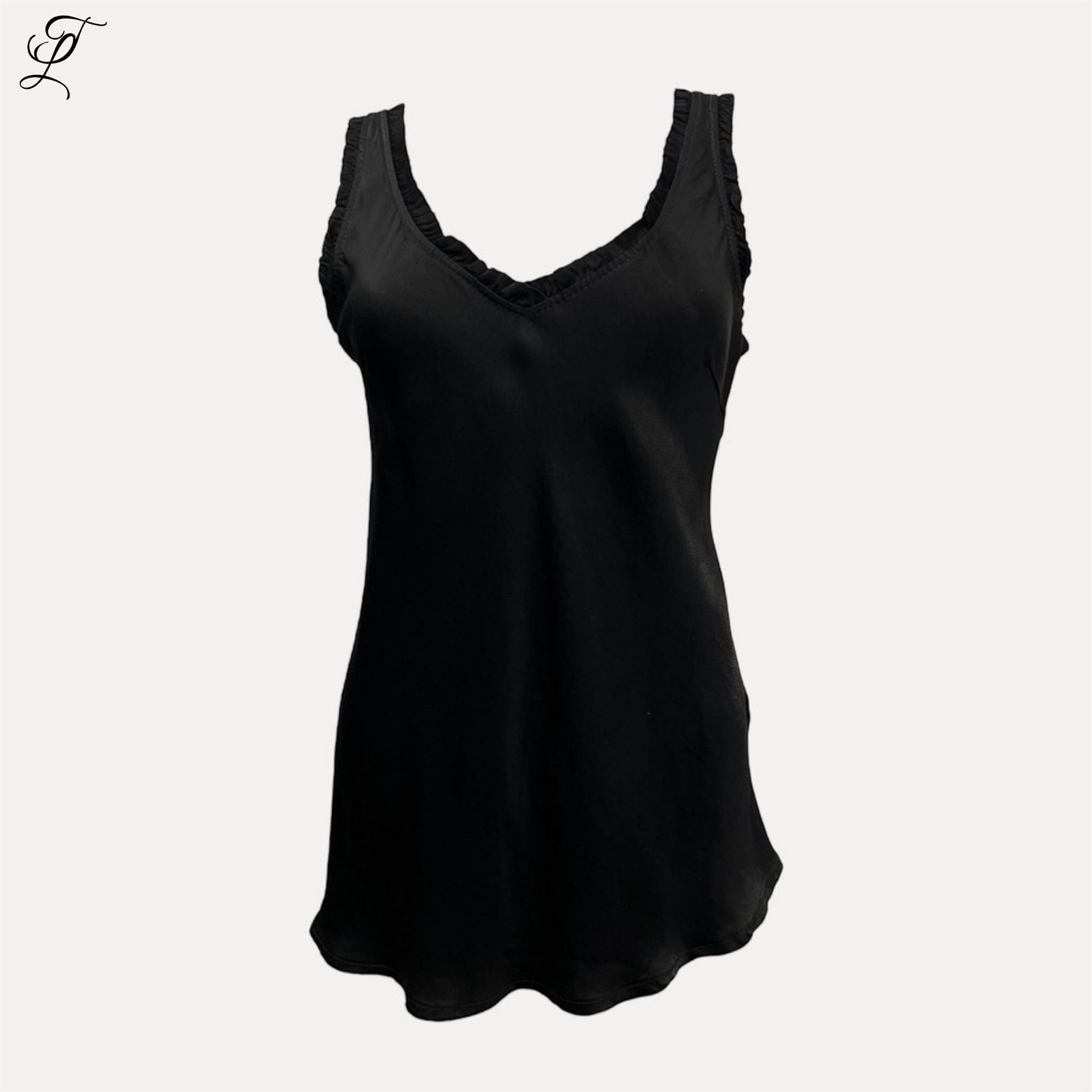 Trendy Leslie black silk-viscose V-neck ruched tank top with ruffled straps.