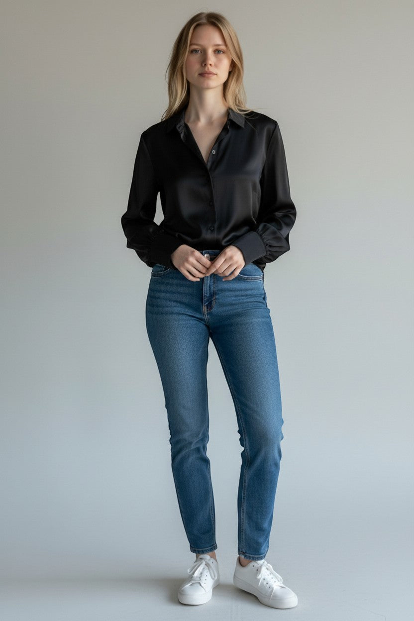 Trendy Leslie Chastar black silk-viscose blouse with a subtle sheen, classic collar, and balloon sleeves. Button-up front.