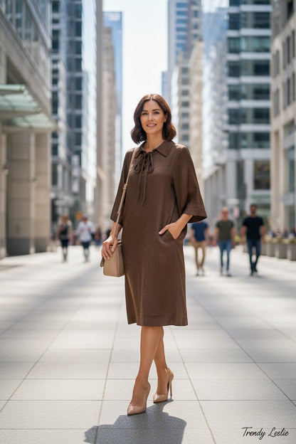 Trendy Leslie Chastar Lyocell dress in chocolate brown with a lace-up collar and 3/4 sleeves.