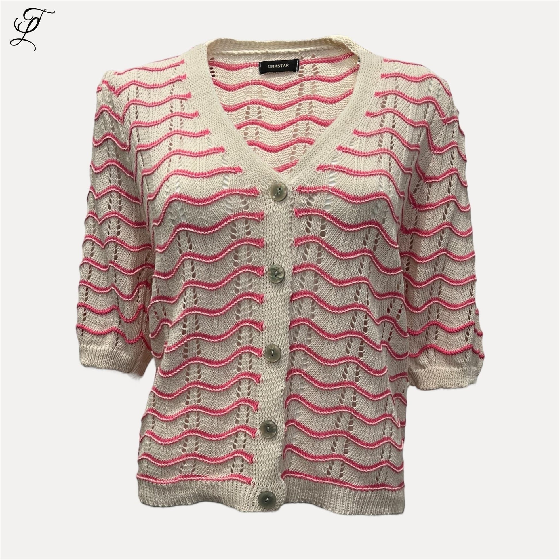 Trendy Leslie Chastar Wave Vest, beige knit with pink wave pattern, V-neck, button-up, short sleeves, one size.