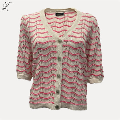 Trendy Leslie Chastar Wave Vest, beige knit with pink wave pattern, V-neck, button-up, short sleeves, one size.