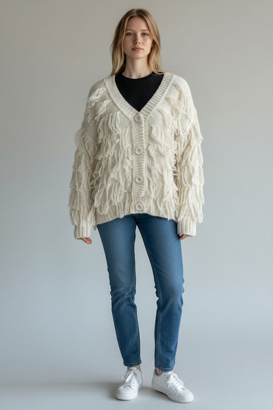 Trendy Leslie Chastar cream knit cardigan with V-neck, button closure, and decorative fringe detail.