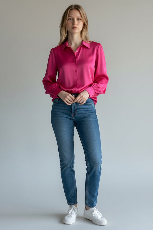 Trendy Leslie Chastar fuchsia silk-viscose blouse with a subtle sheen, button-down front, and voluminous sleeves.