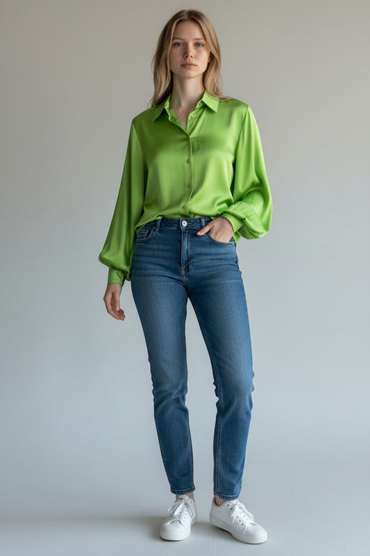 Trendy Leslie Chastar bright green silk-viscose blouse with a subtle sheen, classic collar, and button-down front.