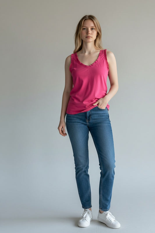 Trendy Leslie Chastar ruche top in bright pink silk-viscose blend with V-neck and ruffled straps.