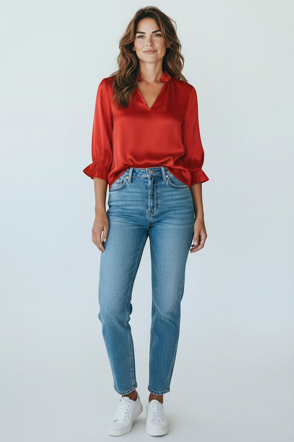 Trendy Leslie red silk-viscose V-neck top with ruffled collar and cuffs. Elegant, shiny fabric.