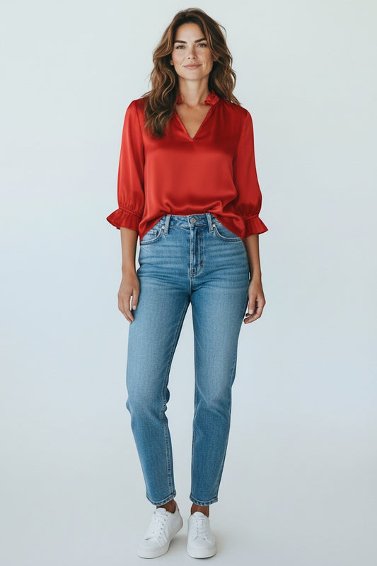 Trendy Leslie red silk-viscose V-neck top with ruffled collar and cuffs. Elegant, shiny fabric.