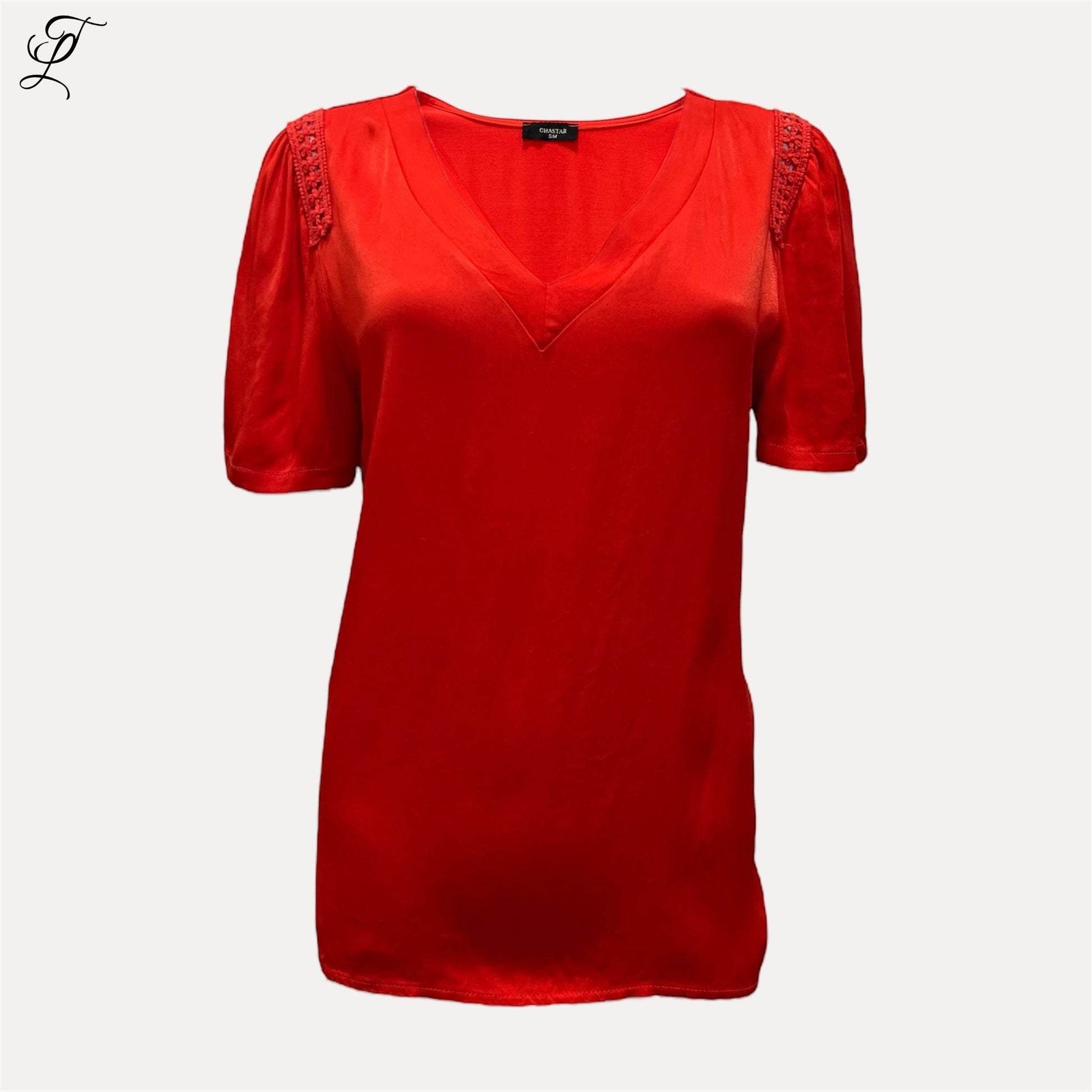 Trendy Leslie red silk-viscose V-neck top with crochet shoulder details and short sleeves.