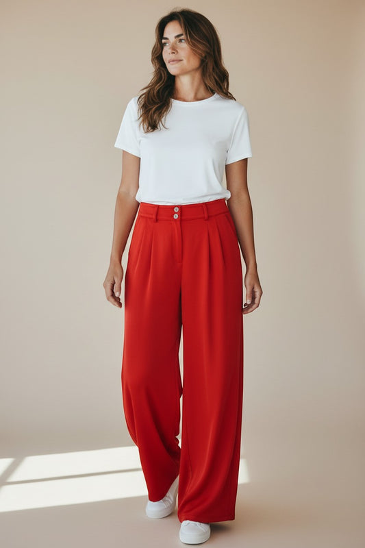 Trendy Leslie red satin-like wide-leg pleated high-waisted trousers with a relaxed fit.
