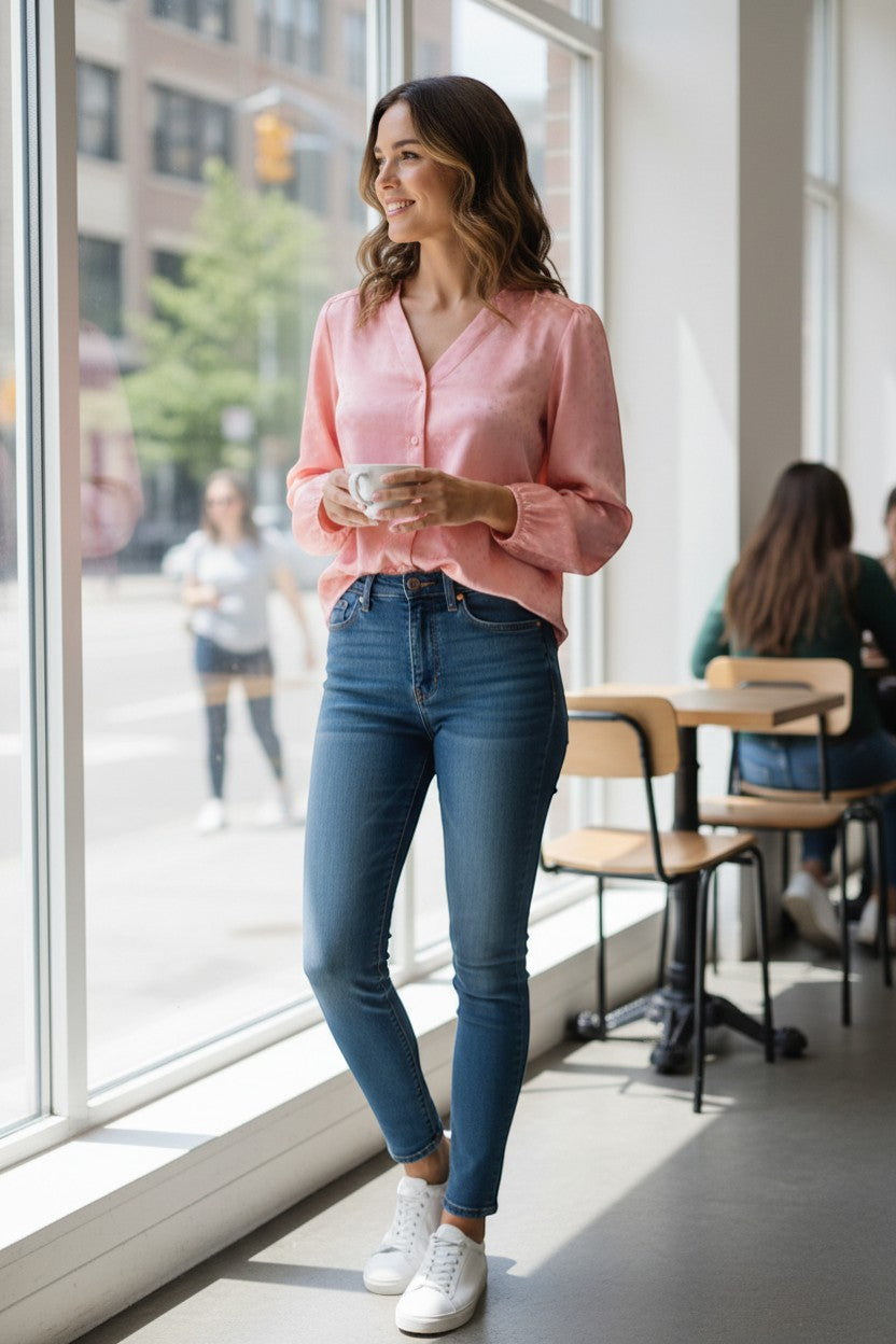 Trendy Leslie Chastar V-neck blouse in salmon pink with a subtle square pattern, long sleeves, and button-down front.